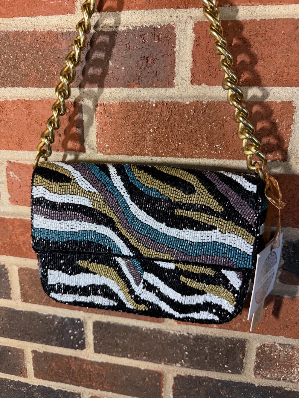 NWT Beaded Zebra-Print Crossbody Bag in Multicolor